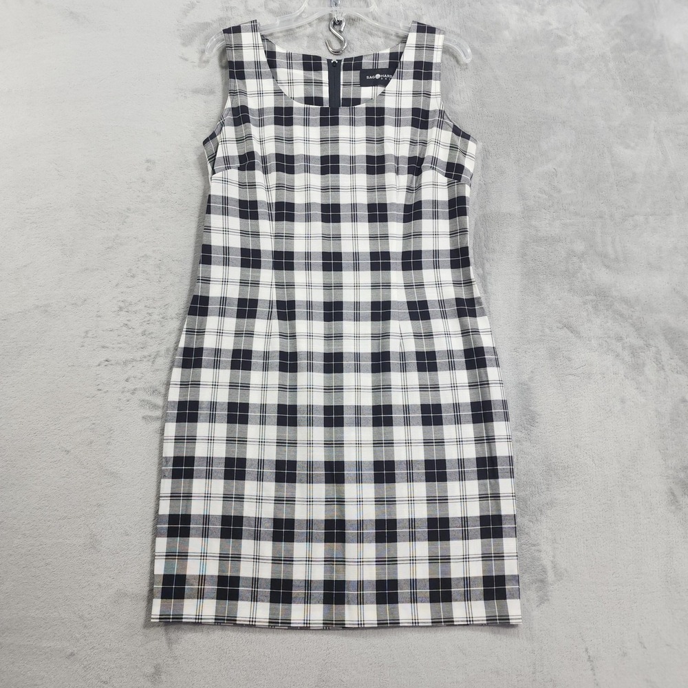 Vintage Sag Harbor Dress Womens 8 Blue White Plaid Sleeveless Scoop Neck Sheath